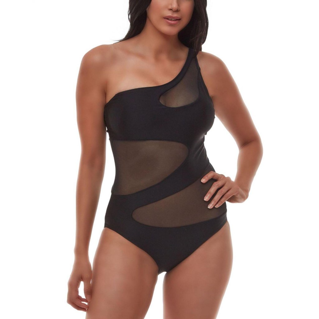 New Bar Iii Matte Mesh Cut-Out One-Shoulder One Piece Swimsuit Black Xl